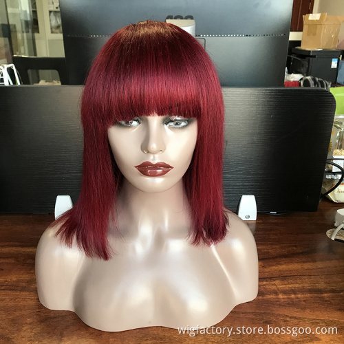 Factory wholesale 4# 27# 99j# colored Wigs with no Lace, remy hair wigs with bangs, peruvian human hair wig with bangs